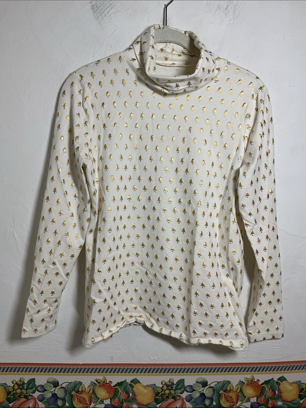 Talbots Gold Metallic Christmas Tree Turtleneck Top Tee Cream Size MP